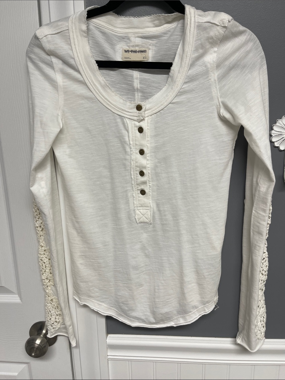 We The Free Cream Long Sleeve Henley with Crochet Sleeve Accents